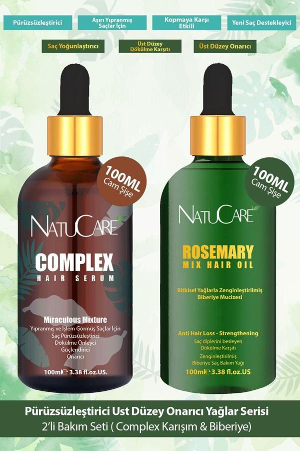 NatuCare Saç Pürüzsüzleştirici Mucizevi Yağlar 2'Li Saç Bakım Seti 100Ml (Complex Karışım & Biberiye - Image 1