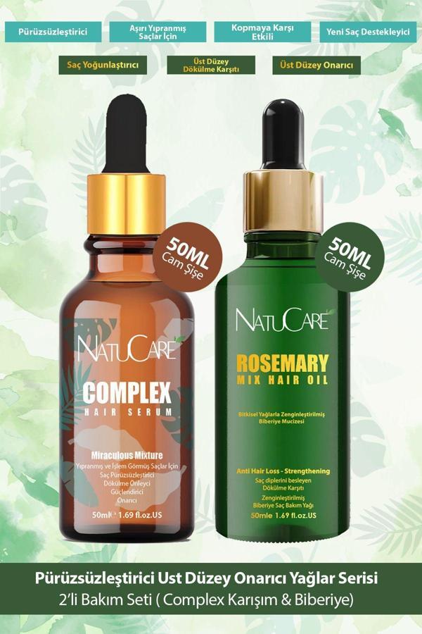 NatuCare Saç Pürüzsüzleştirici Mucizevi Yağlar 2'Li Saç Bakım Seti 50Ml (Complex Karışım & Biberiye - Image 1