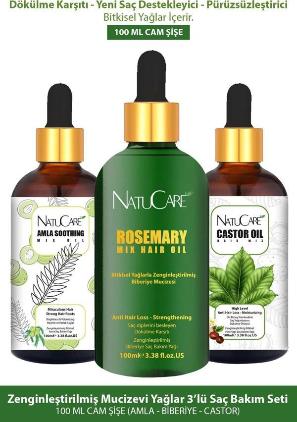 NatuCare Zenginleştirilmiş Mucizevi Yağlar 3'Lü Saç Bakım Seti 100 Ml (Amla-Biberiye-Castor) - Image 1
