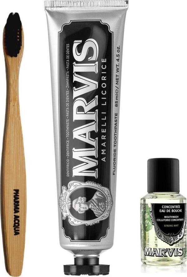 Pharma Acqua Bambu Diş Fırçası + Marvis Meyankökü Özlü Diş Macunu 85 Ml + Konsantre Ağız Gargarası 30 Ml - Image 1