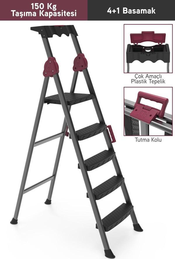 Perilla Comfort 4+1 Basamaklı Kolay Taşınır Tutamaçlı Profil Metal Merdiven - Image 1