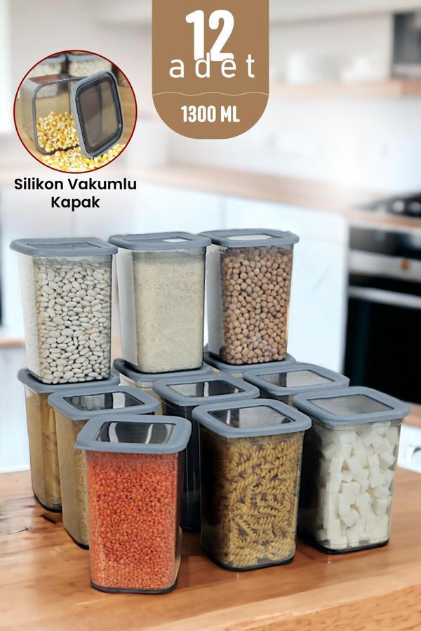 İronika Kapaklı Erzak Bakliyat Saklama Kabı Kare Saklama Kutusu Seti 12 Adet 1300 ML - Image 1