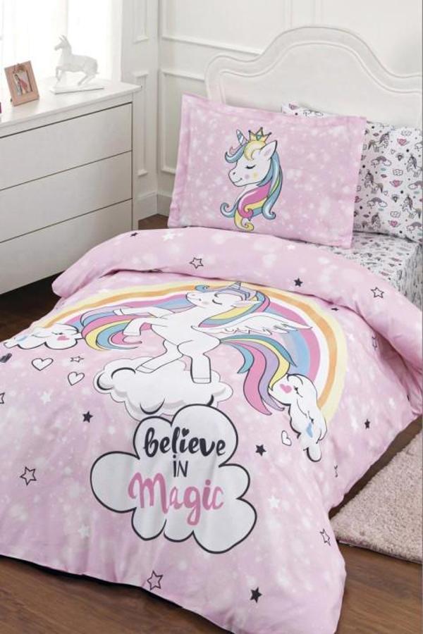 Özdilek Unicorn Ranforce Tek Kişilik Fitted Çarşaf Nevresim Takımı - Pembe - Image 1