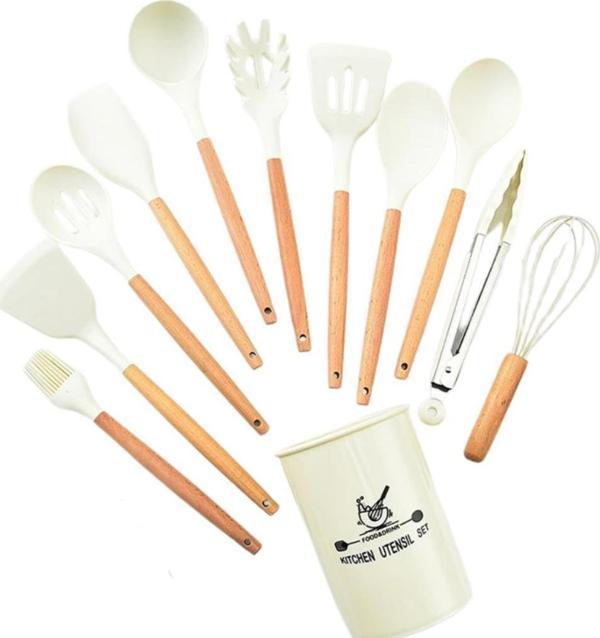 Polham 12 Parça Kepçe Spatula Kevgir Mutfak Servis Seti Ahşap Saplı Mutfak Seti, Saklama Kutulu - Image 1
