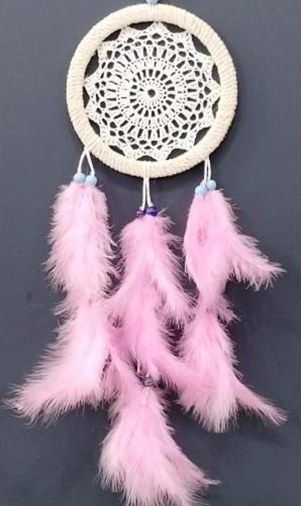 Pembe Kuş Tüylü Dream Catcher El Yapımı Rüya Kapanı Duvar Süsü - Image 1