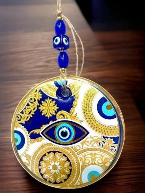 Sarı Motifli Mavi İşlemeli Nazar Boncuk Gözlü Duvar Süsü - Image 1