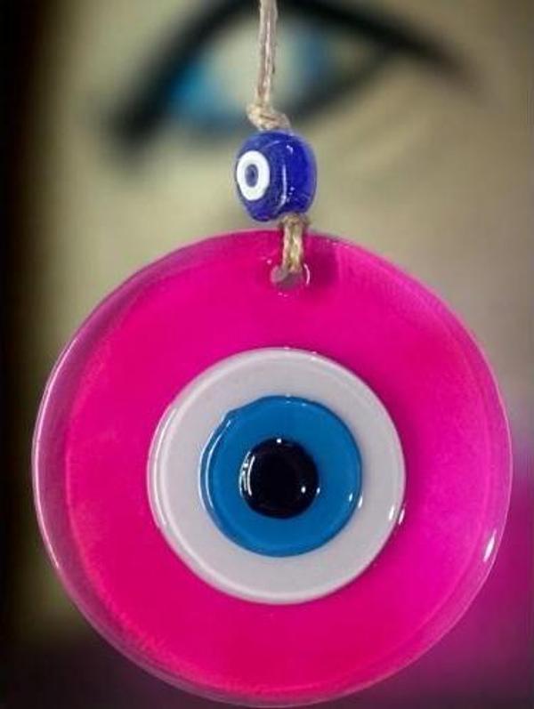 Şeffaf Pembe Nazar Boncuklu Duvar Süsü 10 Cm Cam Duvar Dekoru - Image 1