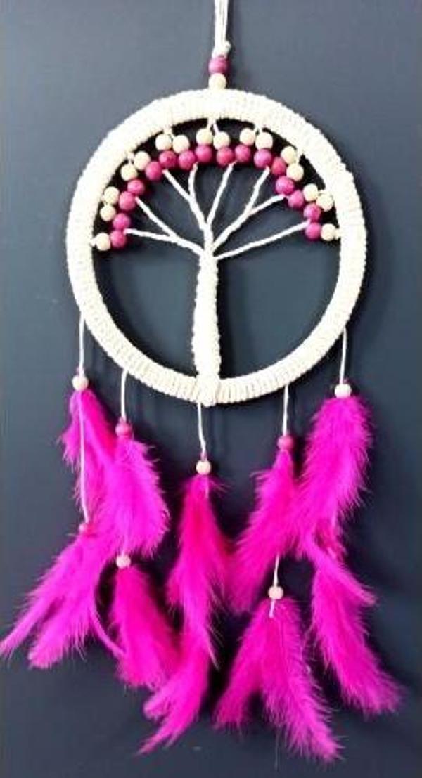 Fuşya Kuş Tüylü Hayat Ağacı Düş Kapanı Dream Catcher Duvar Süsü - Image 1