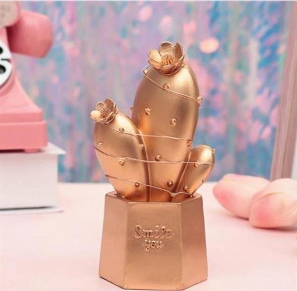 Led Işıklı Sevimli Kaktüs Dekoratif Masa Lambası Mini Biblo Gece Lambası Gold - Image 1