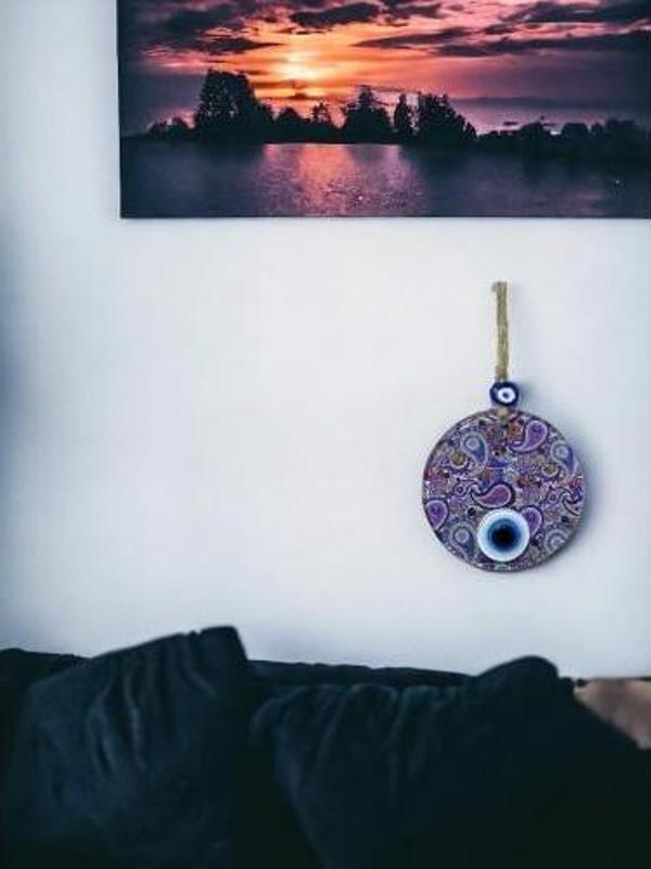 Mandala Desen Mavi Mor Nazar Boncuklu Füzyon Cam El İşçiliği 12 cm Duvar Süsü Nazarlık Hediyelik Eşya - Image 1
