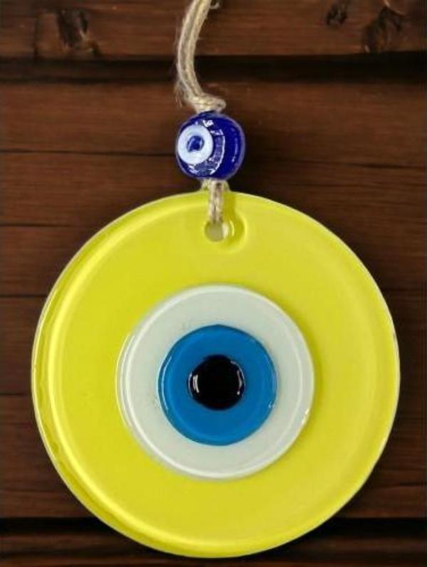 Mini Boy Sarı Nazar Boncuklu Duvar Süsü 10 Cm Cam Duvar Dekoru - Image 1