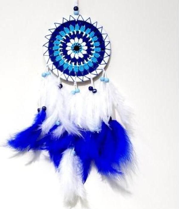 Nazar Boncuğu Desenli Bol Kuş Tüylü Beyaz Renk Dream Catcher El Yapımı Duvar Dekoru - Image 1