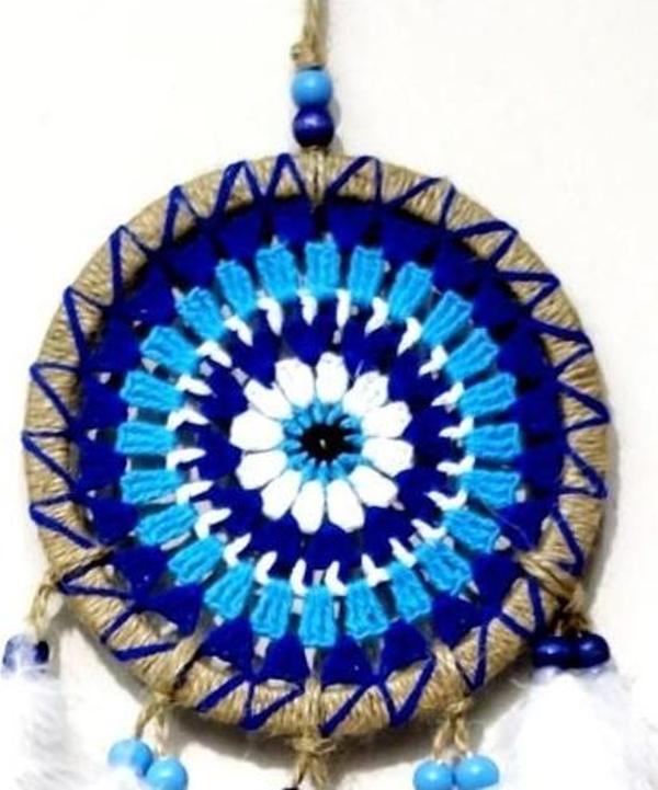 Nazar Boncuğu Desenli Dream Catcher El Yapımı Kuş Tüylü Rüya Kapanı Duvar Süsü - Image 1