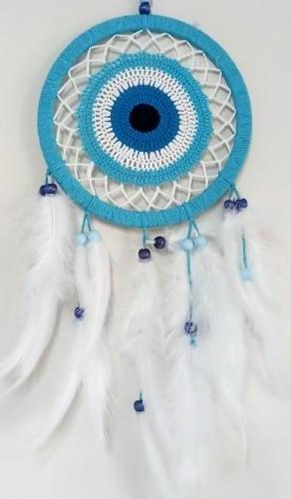 Nazar Boncuğu Motifli Turkuaz Rengi Dream Catcher Beyaz Kuş Tüylü Düş Kapanı Duvar Süsü - Image 1