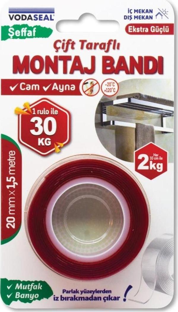 Vodaseal Ekstra Güçlü Çift Taraflı Montaj Bantı Şeffaf 20 mm x 1,5 mt - Image 1