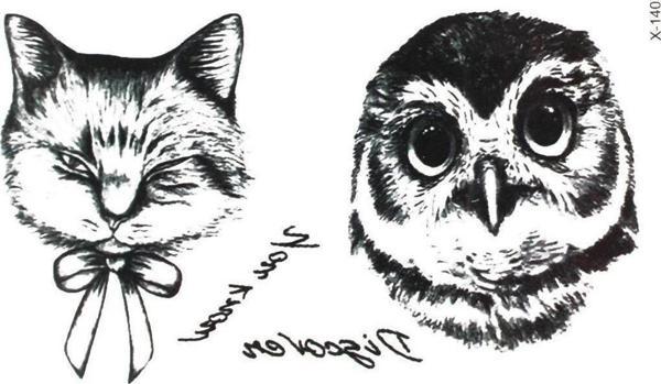 Baykuş Ve Kedi Geçici Dövme Şık Moda Aksesuar El,Kol,Bilek,Göğüs Dövme,Tattoo - Image 1