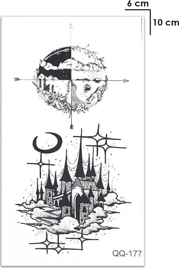 Şato ve Pusula Omuz Geçici Dövme Tattoo Şık Moda Aksesuar El,Kol,Bilek,Göğüs Dövme,Tattoo - Image 1