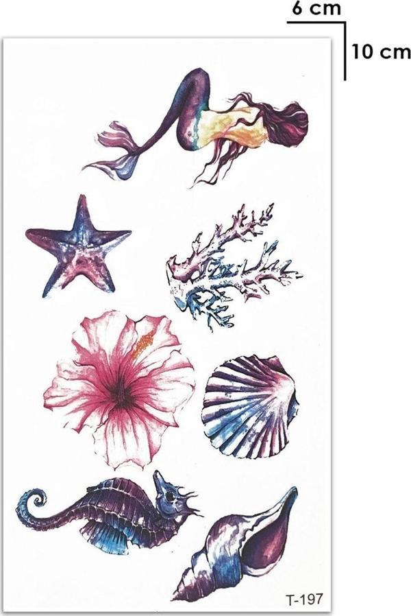Renkli Deniz Kızı - Deniz Atı - Deniz Kabuğu Sırt Geçici Dövme Tattoo - Image 1