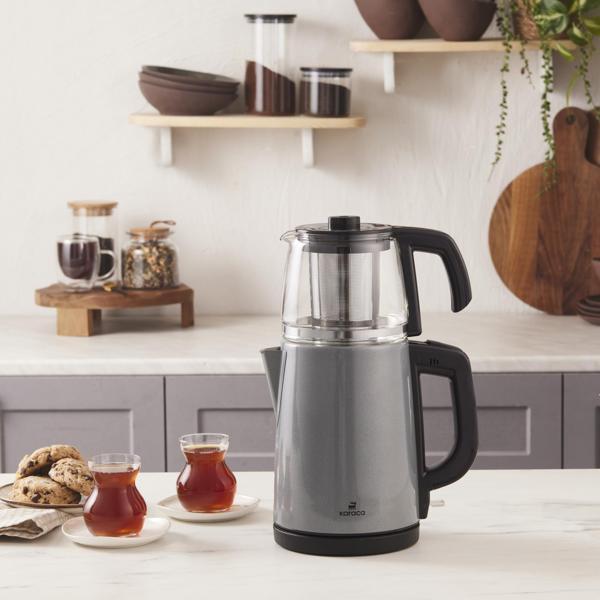 Karaca Tea Glass 2 in 1 Çelik Çay Makinesi ve Kettle Antrasit - Image 1