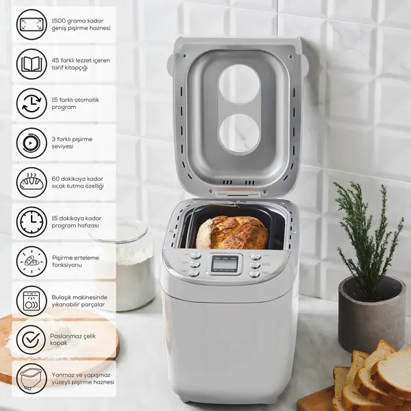 Karaca Bake XL Reçel, Yoğurt, Hamur Yoğurma ve Ekmek Yapma Makinesi Inox Beyaz, 1500 g, 45 Farklı Tarifli Kitapçıklı - Image 1