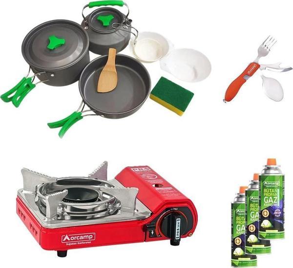 Orcamp Tekli Mini Portatif Ocak Kırmızı+3 Parça Tencere Seti+Çatal Kaşık Bıçak Kırmızı+3 Adet Kartuş ORC-013-F1  - Image 1
