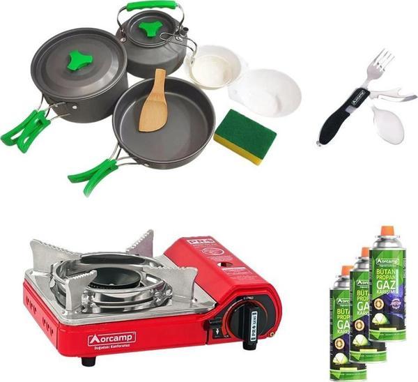 Orcamp Tekli Mini Portatif Ocak Kırmızı+3 Parça Tencere Seti+Çatal Kaşık Bıçak Siyah+3 Adet Kartuş ORC-013-F2  - Image 1