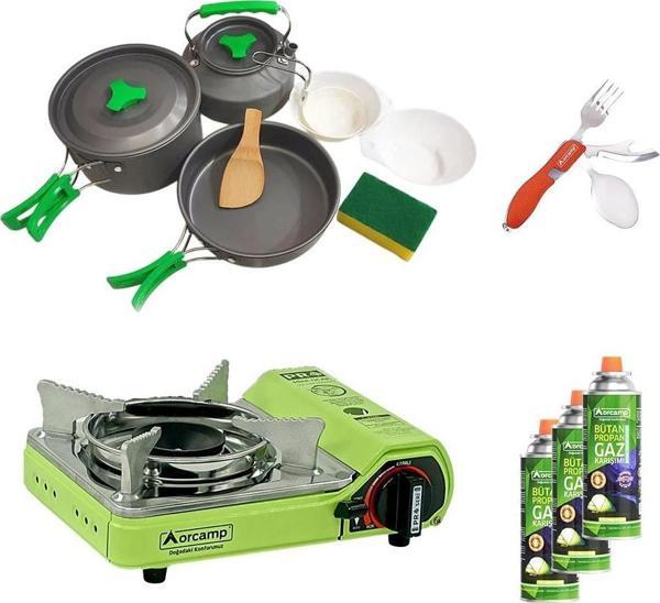 Orcamp Tekli Mini Portatif Ocak Yeşil+3 Parça Tencere Seti+Çatal Kaşık Bıçak Kırmızı+3 Adet Kartuş ORC-015-F1  - Image 1