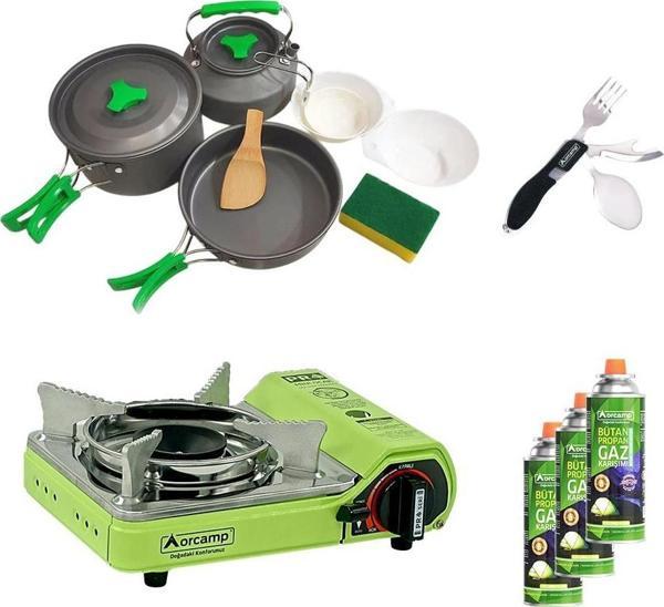 Orcamp Tekli Mini Portatif Ocak Yeşil+3 Parça Tencere Seti+Çatal Kaşık Bıçak Siyah+3 Adet Kartuş ORC-015-F2  - Image 1