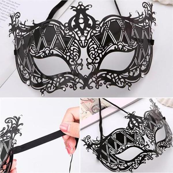Kristal Gümüş Taşlı Siyah Lazer Kesim Metal Lüks Maske - Image 1