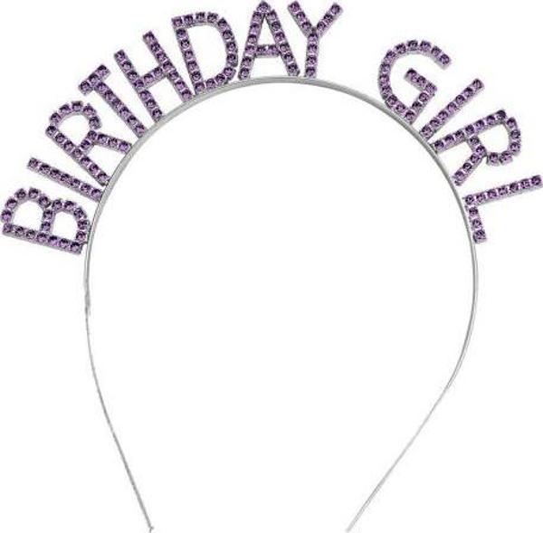 Mor Renk Kristal Taşlı Parlak Birthday Girl Yazılı Taç - Image 1