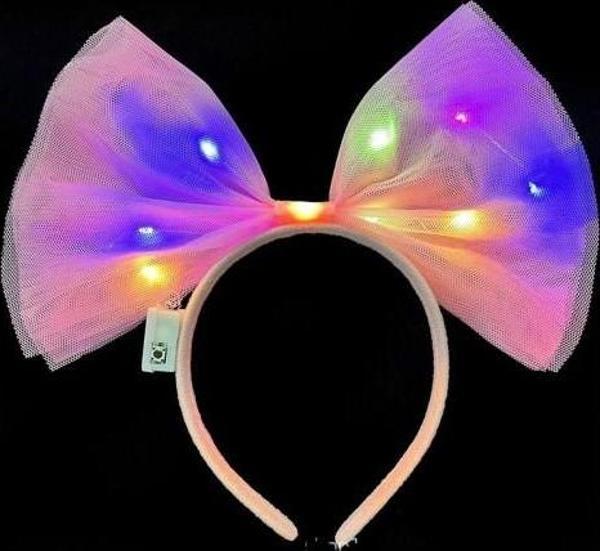 Rengarenk Led Işıklı Fiyonk Tül Parti Tacı Pembe - Image 1