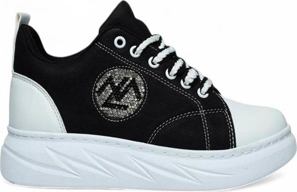 Celira Mdl Siyah Beyaz Bağcıklı Keten Kadın Spor Ayakkabı - Image 1
