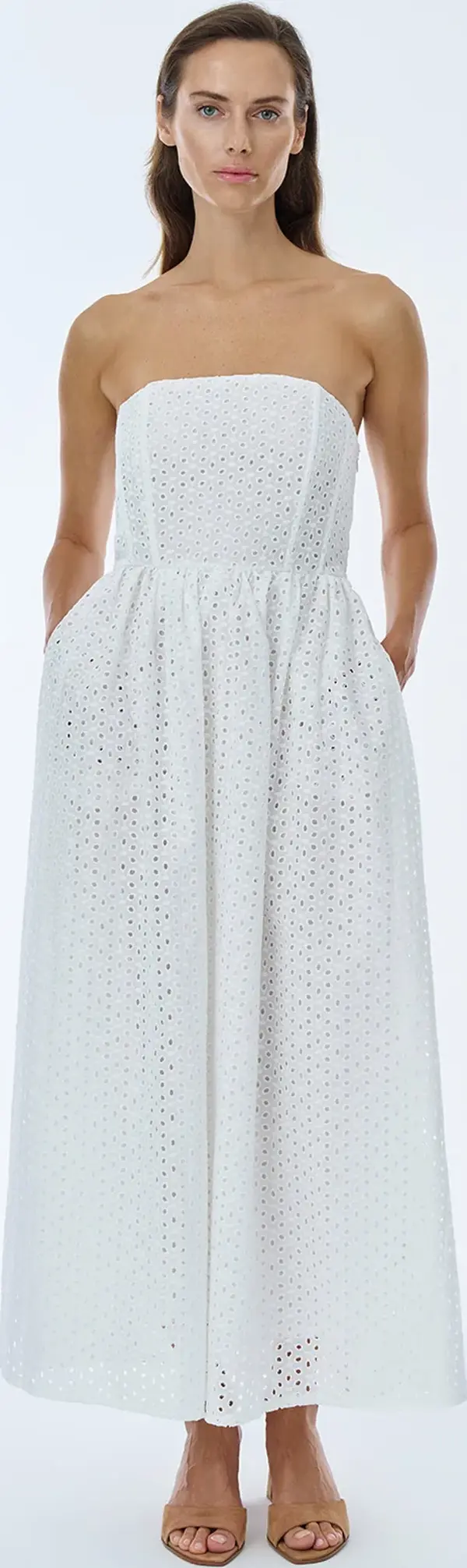 Fisto Detaylı Straplez Midi Elbise Ekru - Image 1