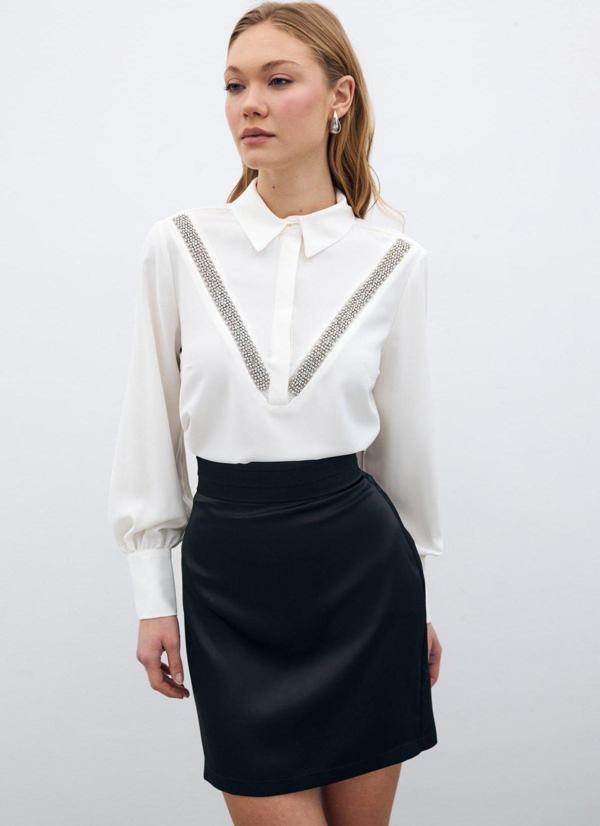 Şerit Aksesuarlı Bluz - Ekru - Image 1