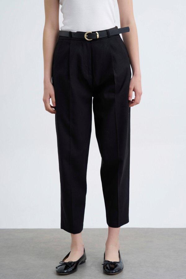 KEMERLİ KETEN SİYAH PANTOLON - Image 1