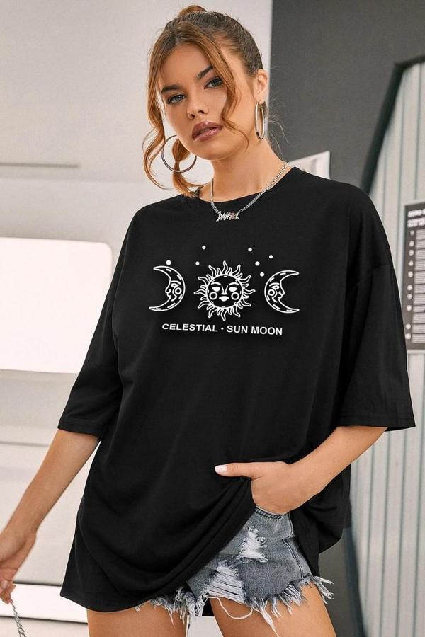 Unisex Sun Moon Baskılı T-shirt - Image 1