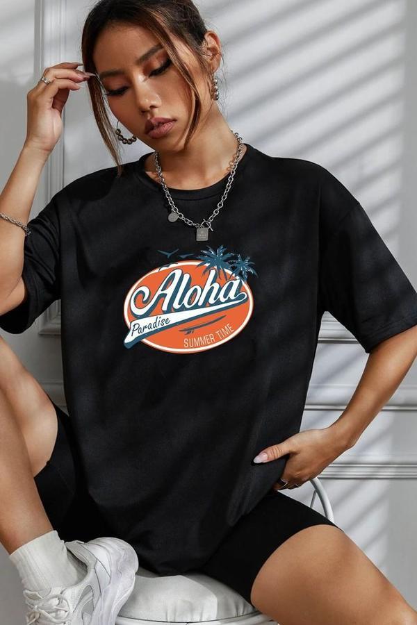 Unisex Aloha Baskılı T-shirt - Image 1