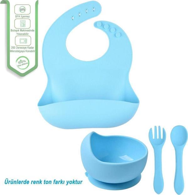 Jojobebek Çocuk Silikon Mama Önlüğü - Silikon Vakumlu Kase - Silikon Kaşık Ve Çatal - Mavi - Image 1