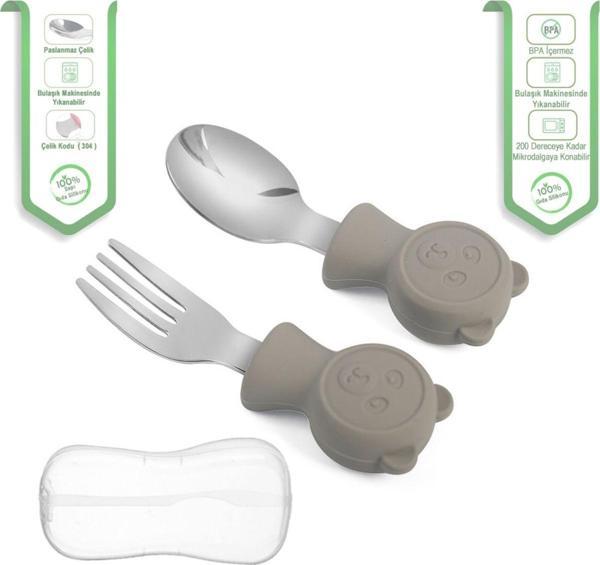 Jojobebek Çocuk Silikon Saplı Paslanmaz Çelik Uçlu Çatal Ve Kaşık (304) - Saklama Kutusu - (Gri) - Image 1