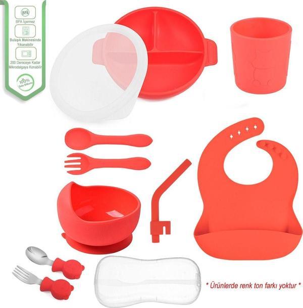 Jojobebek Silikon Beslenme Seti Mama Tabağı - Düz Bardak - Kase - Pipet - Önlük - Çatal - Kaşık - Kırmızı - Image 1