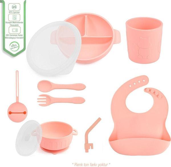 Jojobebek Silikon Beslenme Seti Vakumlu Silikon Mama Tabağı Ve Kasesi - Silikon Çatal - Kaşık - Bardak - Pembe - Image 1