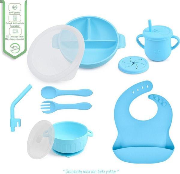 Jojobebek Silikon Beslenme Seti Vakumlu Silikon Mama Tabağı Ve Kasesi - Silikon Çatal Ve Kaşık - Bardak - Mavi - Image 1
