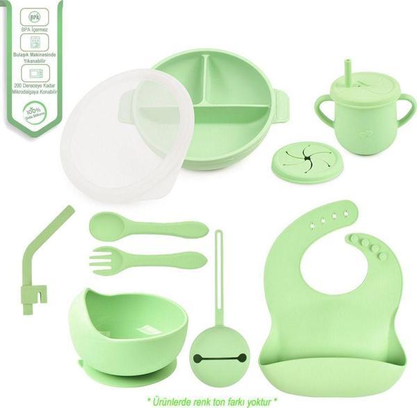 Jojobebek Silikon Beslenme Seti Vakumlu Silikon Mama Tabağı Ve Kasesi - Silikon Çatal Ve Kaşık - Bardak(Yeşil) - Image 1