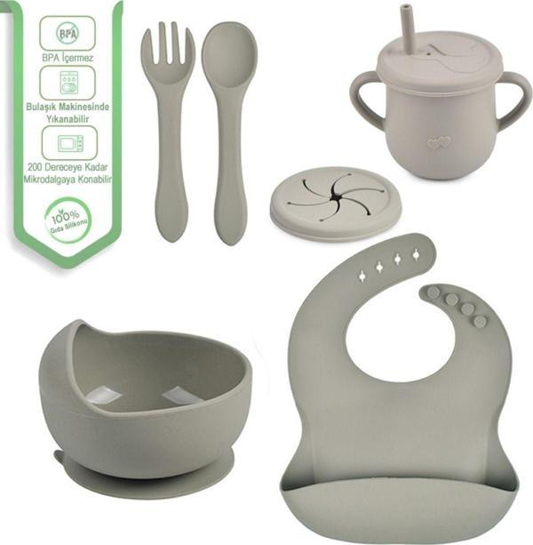 Jojobebek Silikon Vakumlu Kase - Silikon Çatal - Kaşık - Silikon Pipetli Bardak - Çerez Kapağı - Önlük - Gri - Image 1