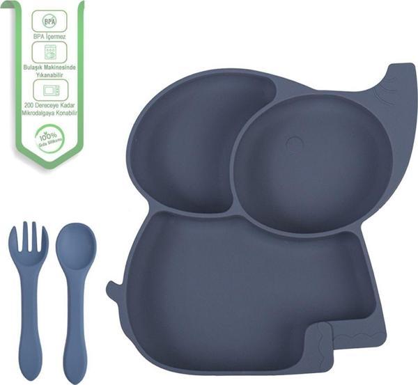 Jojobebek Vakumlu Silikon Mama Tabağı - Silikon Çatal Ve Kaşık - Lacivert - Image 1