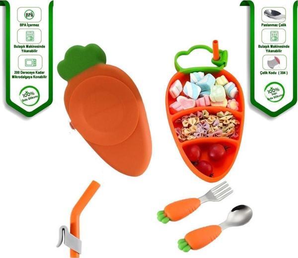 Jojobebek Vakumlu Silikon Mama Tabağı - Silikon Saplı Metal Uçlu Çatal Ve Kaşık ( Havuç Figürlü ) - Image 1