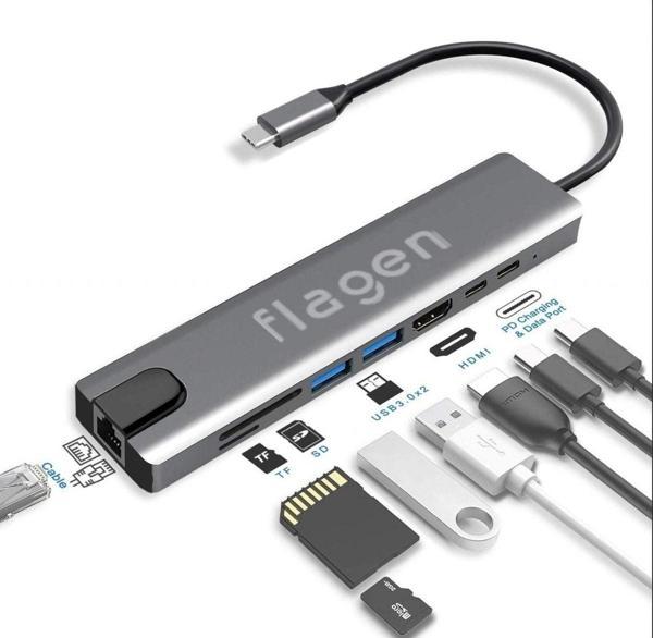 Flagen Macbook Air M2 2022 Type-C Çoğaltıcı Uyumlu 8 In 1 Ethernet Sd Usb Hdmı Hub Çevirici - Image 1