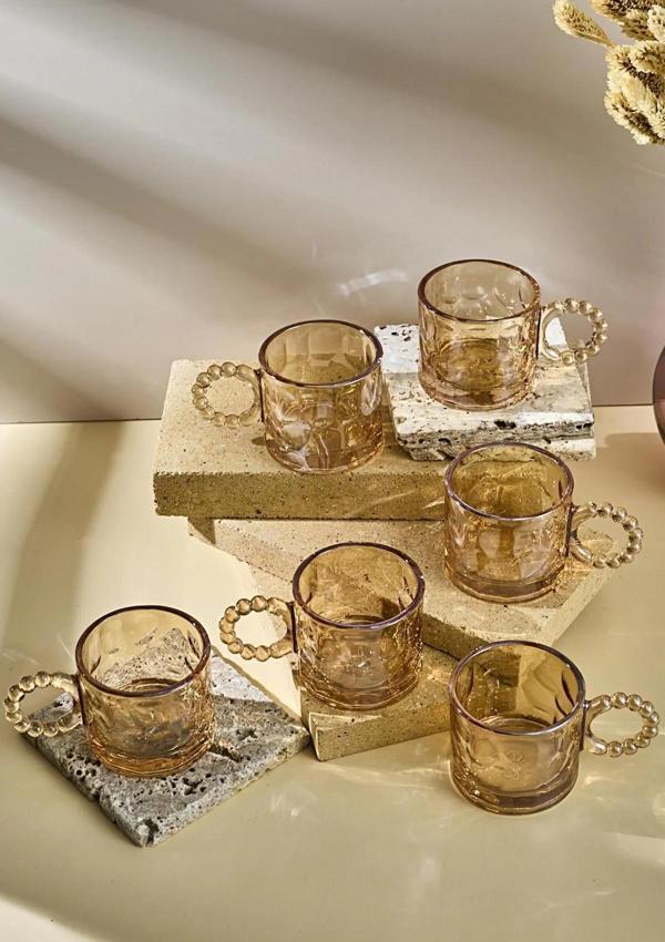 6lı Cam Fincan Seti - Boncuklu Kulp Çay Bardağı Takımı - 100 ML - Taş Desen - Image 1