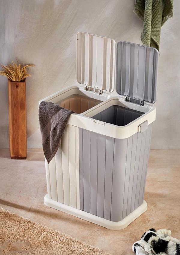 Büyük Boy Çift Hazneli Çamaşır Sepeti - 2'li Çok Amaçlı Kutu, Çöp Kovası  - 80 Litre - Ekru-Gri - Image 1
