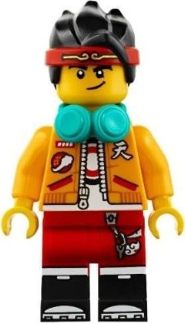Lego Minifigür - Monkie Kid - Bright Light Orange Open Jacket, Dark Turquoise Headphones, Smirk / Angry mk001 - Image 1